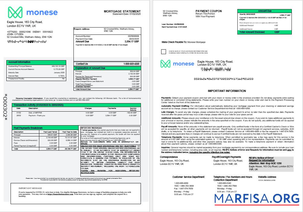 Downloadable United Kingdom Monese bank mortgage statement in Word and PDF formats 1 2 example